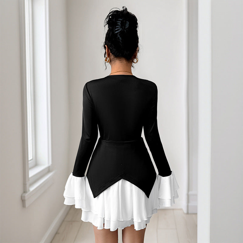 Long Sleeve Contrast Skirt Patchwork Ruffled Dress