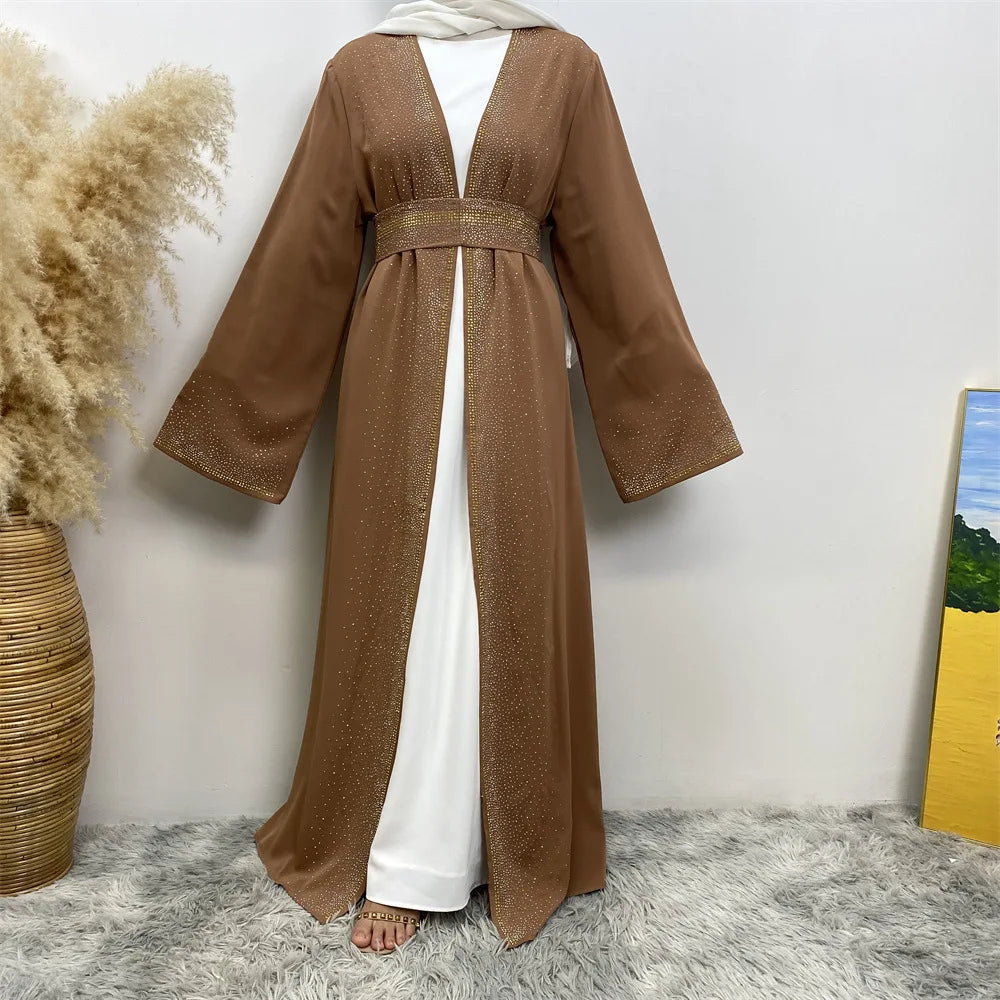 Eid Ramadan Muslim Women Diamonds Maxi Dress Kimono Cardigan Open Abaya Dubai Turkey Kaftan Islam Clothing Kebaya Robe Jalabiya