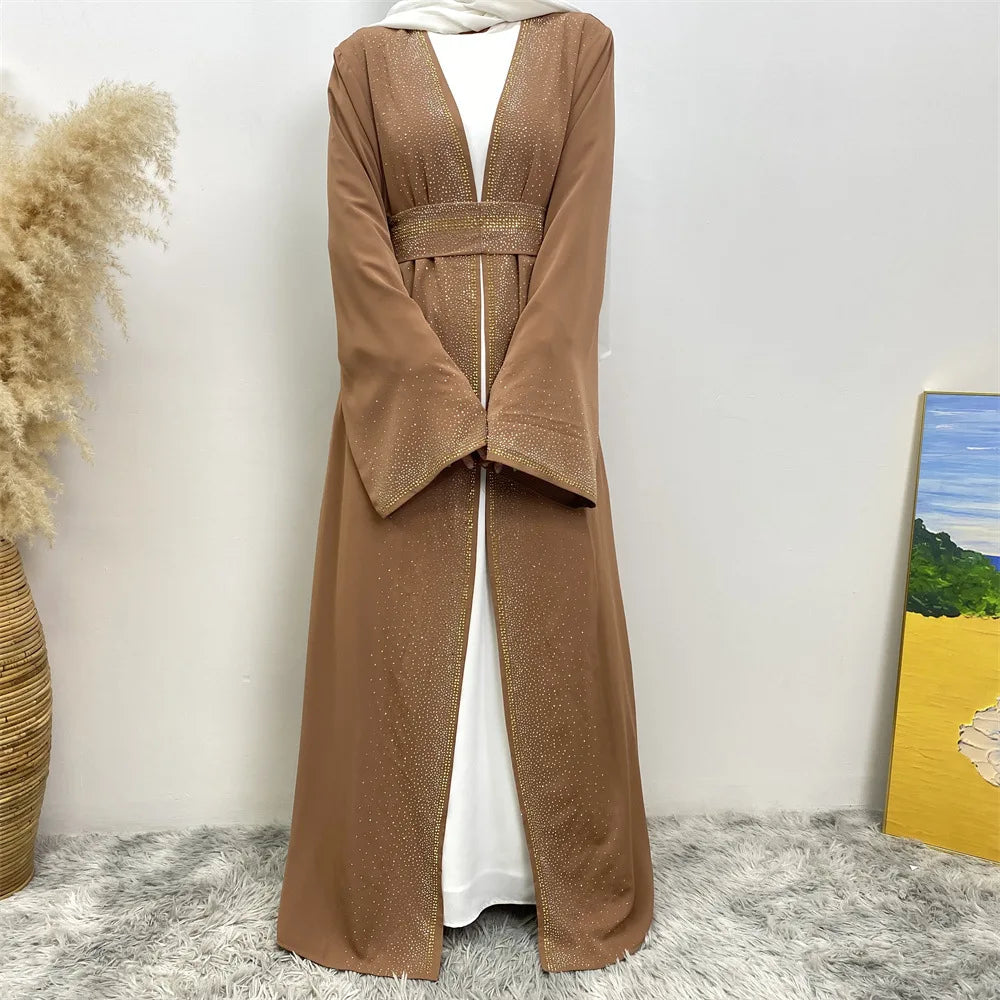 Eid Ramadan Muslim Women Diamonds Maxi Dress Kimono Cardigan Open Abaya Dubai Turkey Kaftan Islam Clothing Kebaya Robe Jalabiya