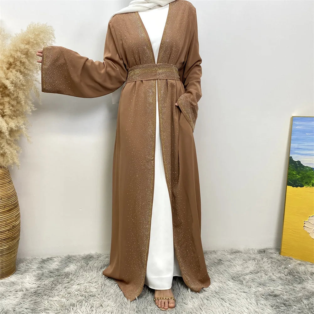 Eid Ramadan Muslim Women Diamonds Maxi Dress Kimono Cardigan Open Abaya Dubai Turkey Kaftan Islam Clothing Kebaya Robe Jalabiya