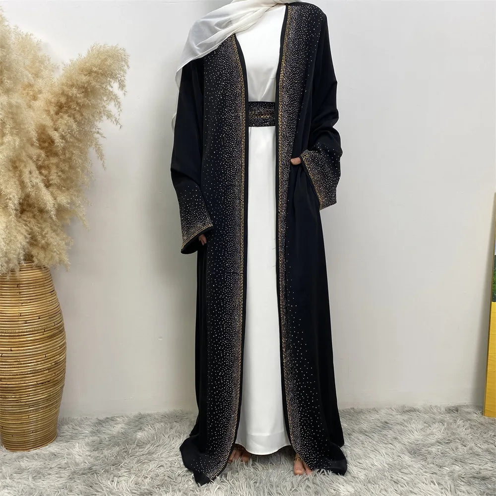 Eid Ramadan Muslim Women Diamonds Maxi Dress Kimono Cardigan Open Abaya Dubai Turkey Kaftan Islam Clothing Kebaya Robe Jalabiya
