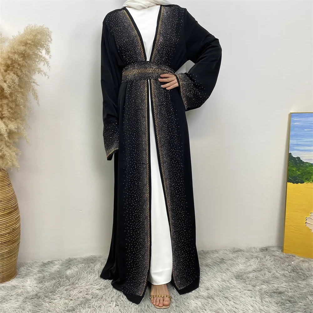 Eid Ramadan Muslim Women Diamonds Maxi Dress Kimono Cardigan Open Abaya Dubai Turkey Kaftan Islam Clothing Kebaya Robe Jalabiya