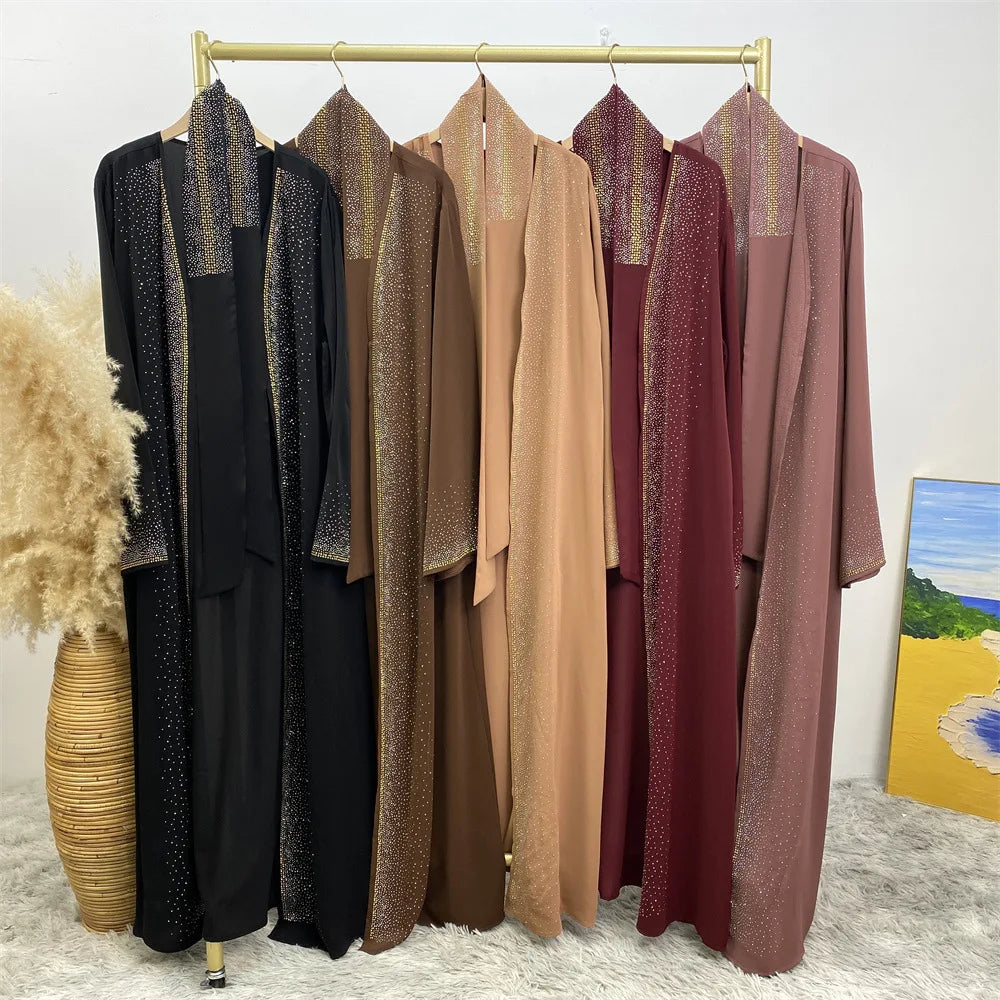 Eid Ramadan Muslim Women Diamonds Maxi Dress Kimono Cardigan Open Abaya Dubai Turkey Kaftan Islam Clothing Kebaya Robe Jalabiya