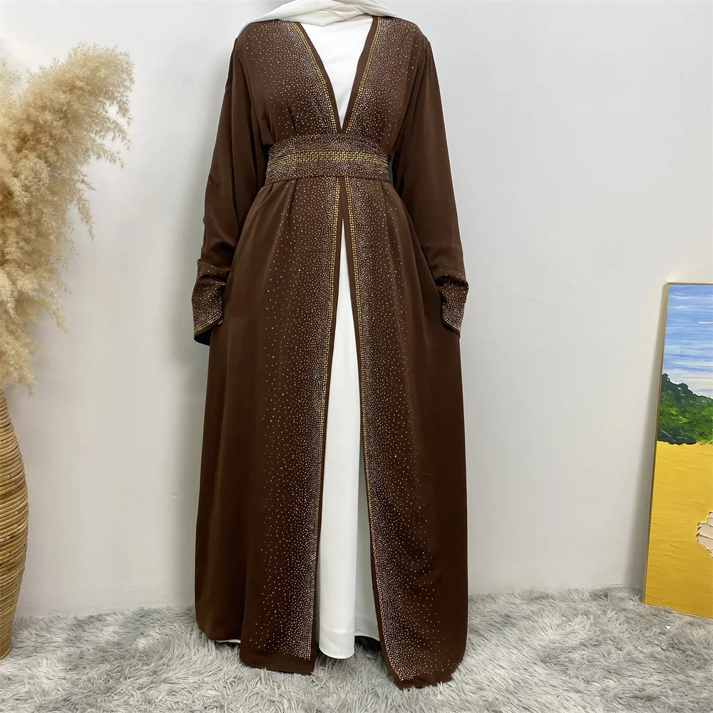 Eid Ramadan Muslim Women Diamonds Maxi Dress Kimono Cardigan Open Abaya Dubai Turkey Kaftan Islam Clothing Kebaya Robe Jalabiya