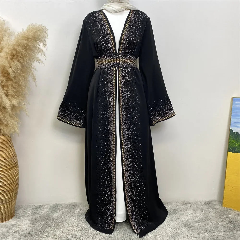 Eid Ramadan Muslim Women Diamonds Maxi Dress Kimono Cardigan Open Abaya Dubai Turkey Kaftan Islam Clothing Kebaya Robe Jalabiya
