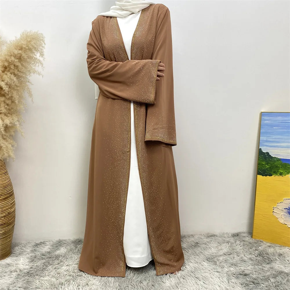 Eid Ramadan Muslim Women Diamonds Maxi Dress Kimono Cardigan Open Abaya Dubai Turkey Kaftan Islam Clothing Kebaya Robe Jalabiya