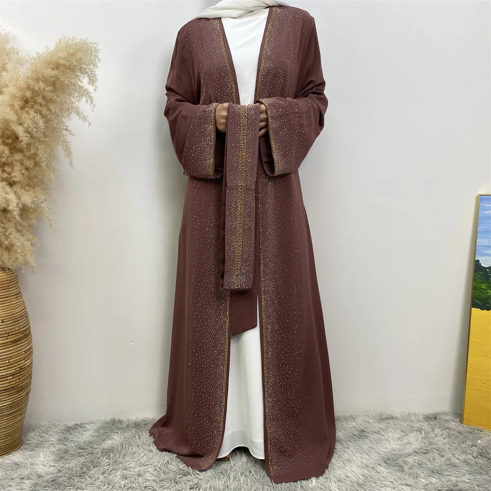 Eid Ramadan Muslim Women Diamonds Maxi Dress Kimono Cardigan Open Abaya Dubai Turkey Kaftan Islam Clothing Kebaya Robe Jalabiya