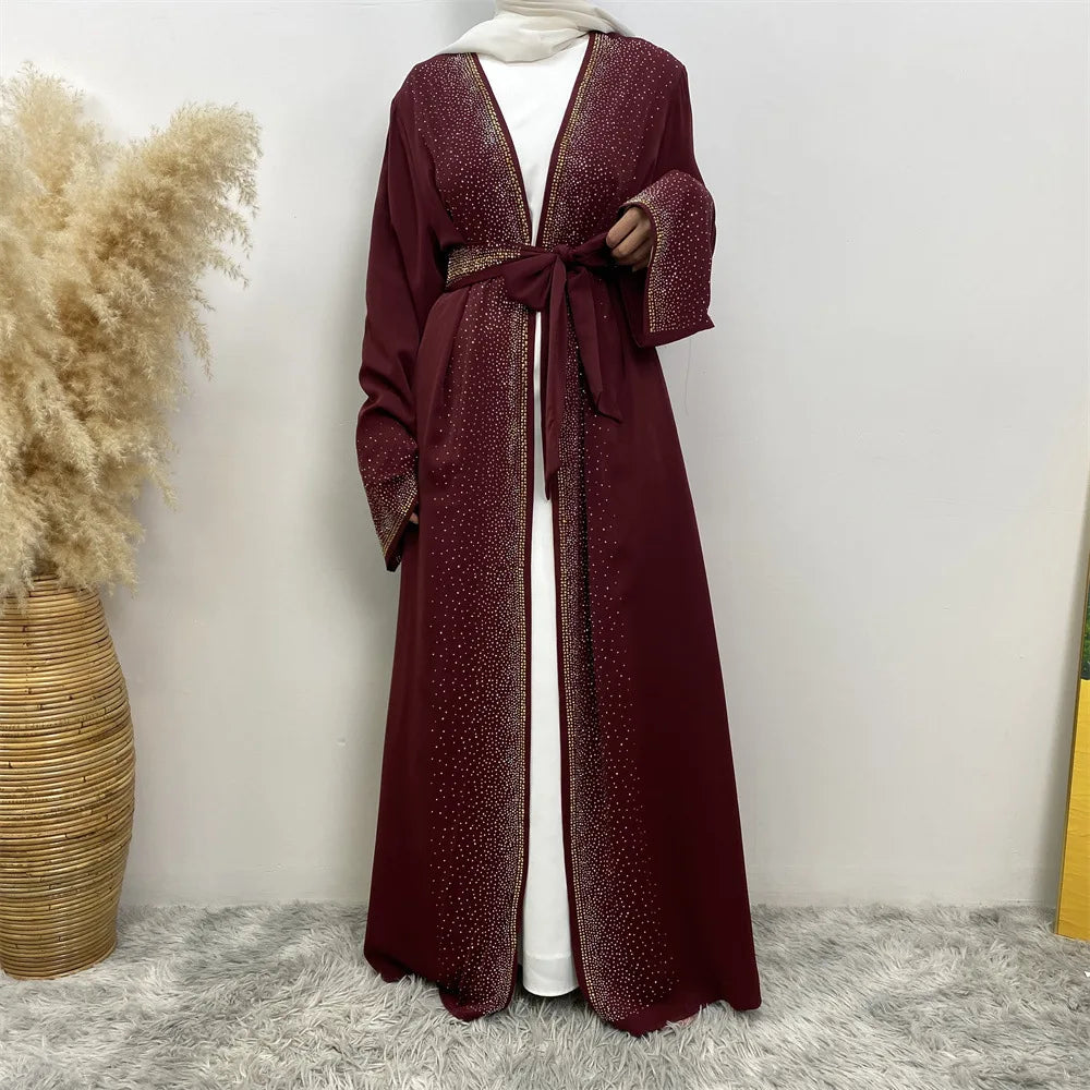 Eid Ramadan Muslim Women Diamonds Maxi Dress Kimono Cardigan Open Abaya Dubai Turkey Kaftan Islam Clothing Kebaya Robe Jalabiya