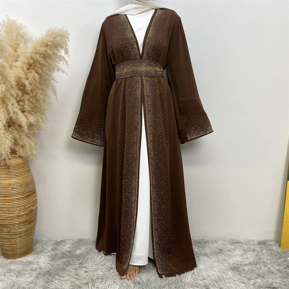 Eid Ramadan Muslim Women Diamonds Maxi Dress Kimono Cardigan Open Abaya Dubai Turkey Kaftan Islam Clothing Kebaya Robe Jalabiya