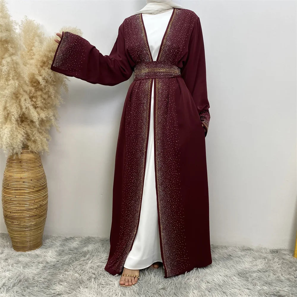 Eid Ramadan Muslim Women Diamonds Maxi Dress Kimono Cardigan Open Abaya Dubai Turkey Kaftan Islam Clothing Kebaya Robe Jalabiya