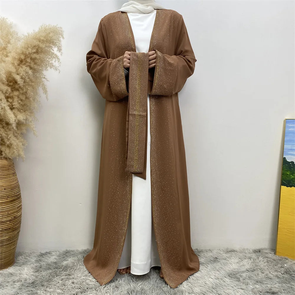 Eid Ramadan Muslim Women Diamonds Maxi Dress Kimono Cardigan Open Abaya Dubai Turkey Kaftan Islam Clothing Kebaya Robe Jalabiya