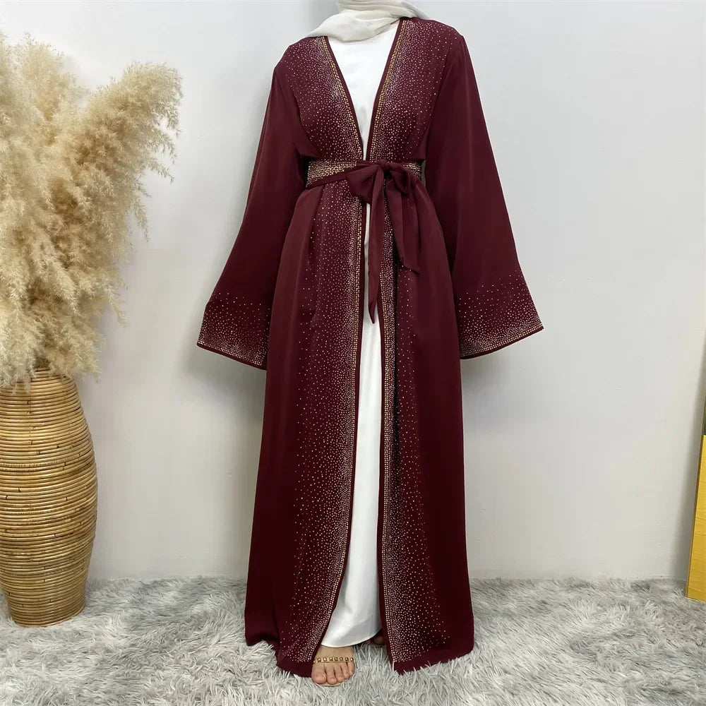 Eid Ramadan Muslim Women Diamonds Maxi Dress Kimono Cardigan Open Abaya Dubai Turkey Kaftan Islam Clothing Kebaya Robe Jalabiya