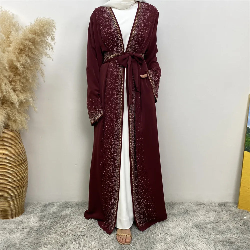 Eid Ramadan Muslim Women Diamonds Maxi Dress Kimono Cardigan Open Abaya Dubai Turkey Kaftan Islam Clothing Kebaya Robe Jalabiya