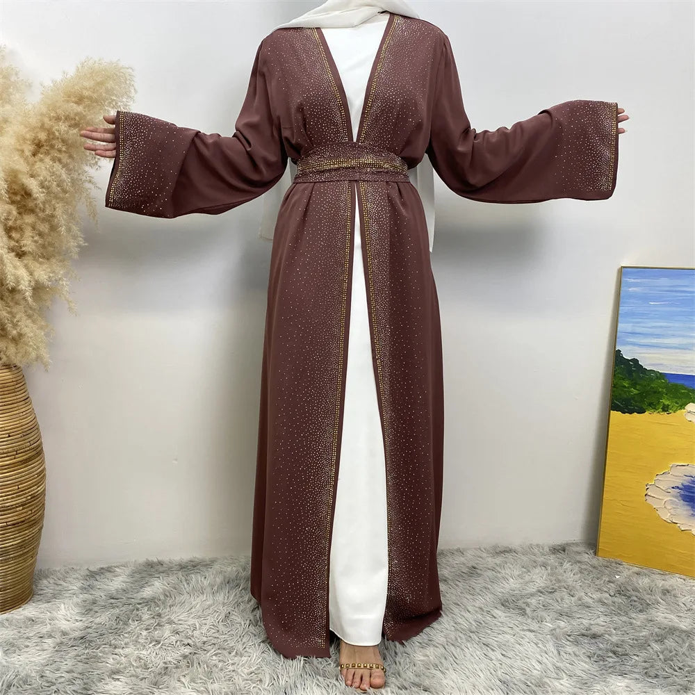 Eid Ramadan Muslim Women Diamonds Maxi Dress Kimono Cardigan Open Abaya Dubai Turkey Kaftan Islam Clothing Kebaya Robe Jalabiya