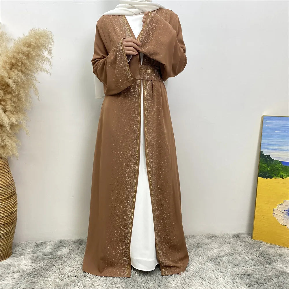 Eid Ramadan Muslim Women Diamonds Maxi Dress Kimono Cardigan Open Abaya Dubai Turkey Kaftan Islam Clothing Kebaya Robe Jalabiya