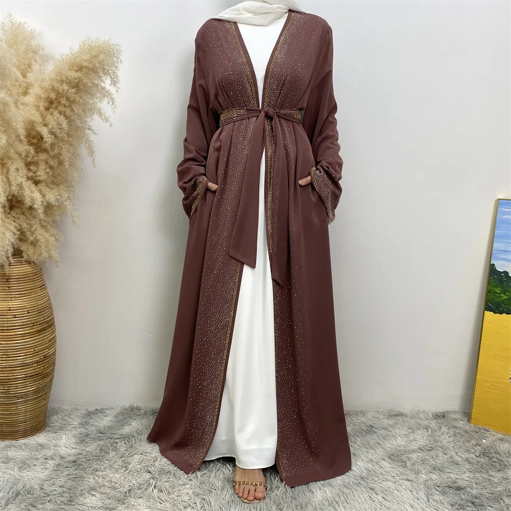 Eid Ramadan Muslim Women Diamonds Maxi Dress Kimono Cardigan Open Abaya Dubai Turkey Kaftan Islam Clothing Kebaya Robe Jalabiya