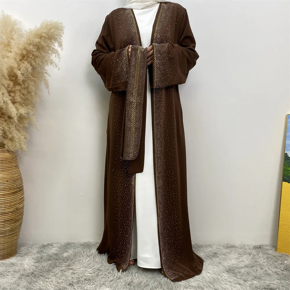 Eid Ramadan Muslim Women Diamonds Maxi Dress Kimono Cardigan Open Abaya Dubai Turkey Kaftan Islam Clothing Kebaya Robe Jalabiya