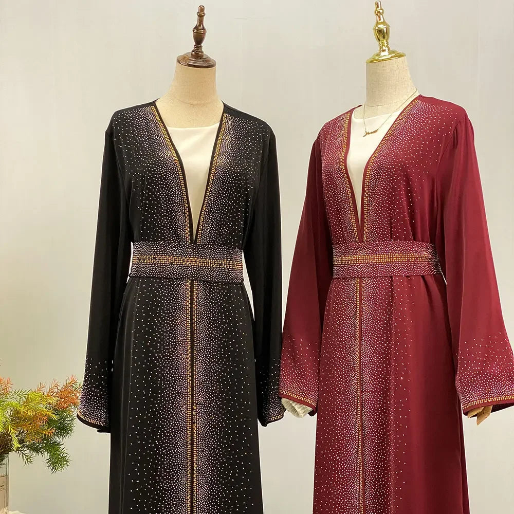 Eid Ramadan Muslim Women Diamonds Maxi Dress Kimono Cardigan Open Abaya Dubai Turkey Kaftan Islam Clothing Kebaya Robe Jalabiya