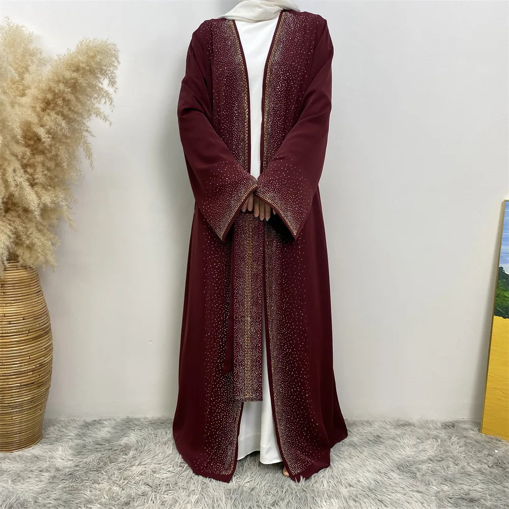 Eid Ramadan Muslim Women Diamonds Maxi Dress Kimono Cardigan Open Abaya Dubai Turkey Kaftan Islam Clothing Kebaya Robe Jalabiya