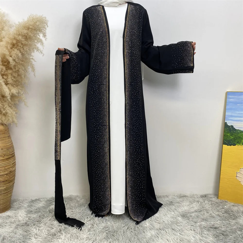 Eid Ramadan Muslim Women Diamonds Maxi Dress Kimono Cardigan Open Abaya Dubai Turkey Kaftan Islam Clothing Kebaya Robe Jalabiya