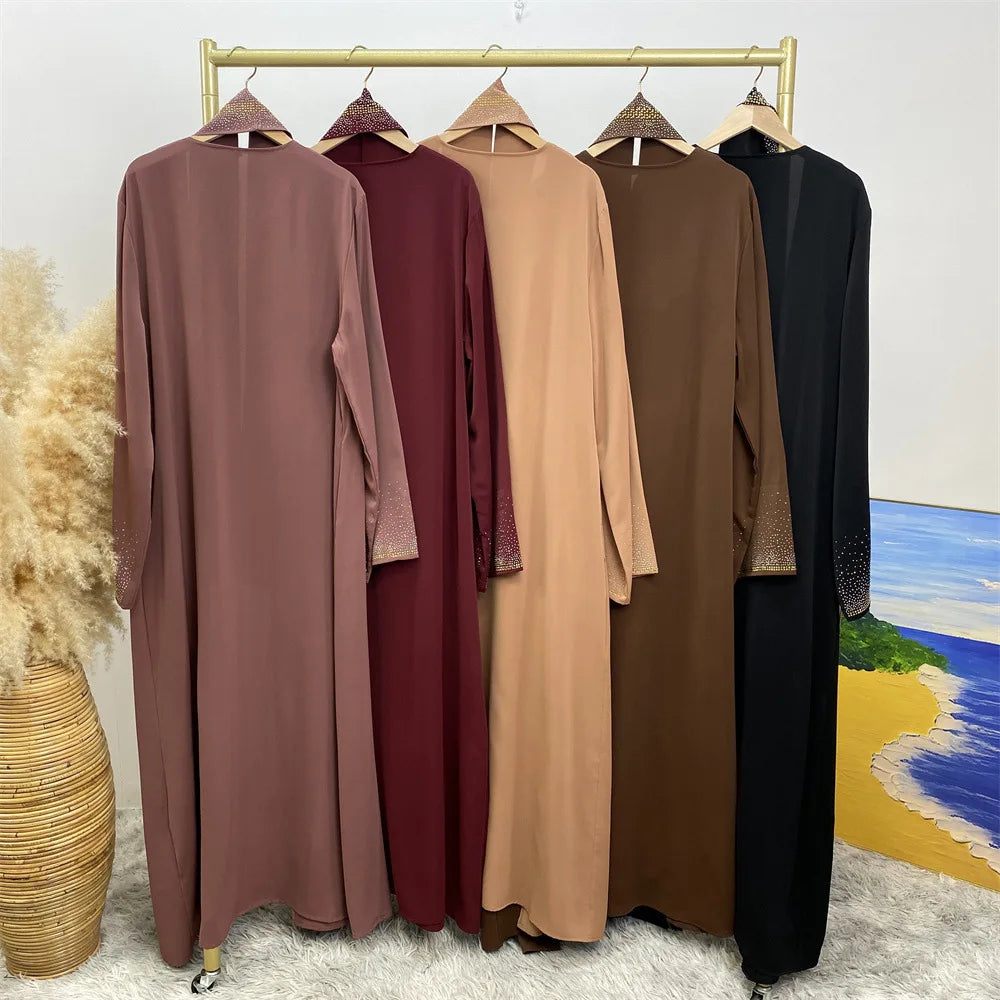Eid Ramadan Muslim Women Diamonds Maxi Dress Kimono Cardigan Open Abaya Dubai Turkey Kaftan Islam Clothing Kebaya Robe Jalabiya