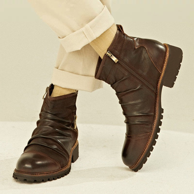 Retro Round Toe PU Leather Side Zipper Martin Chunky Heel Ankle Boots