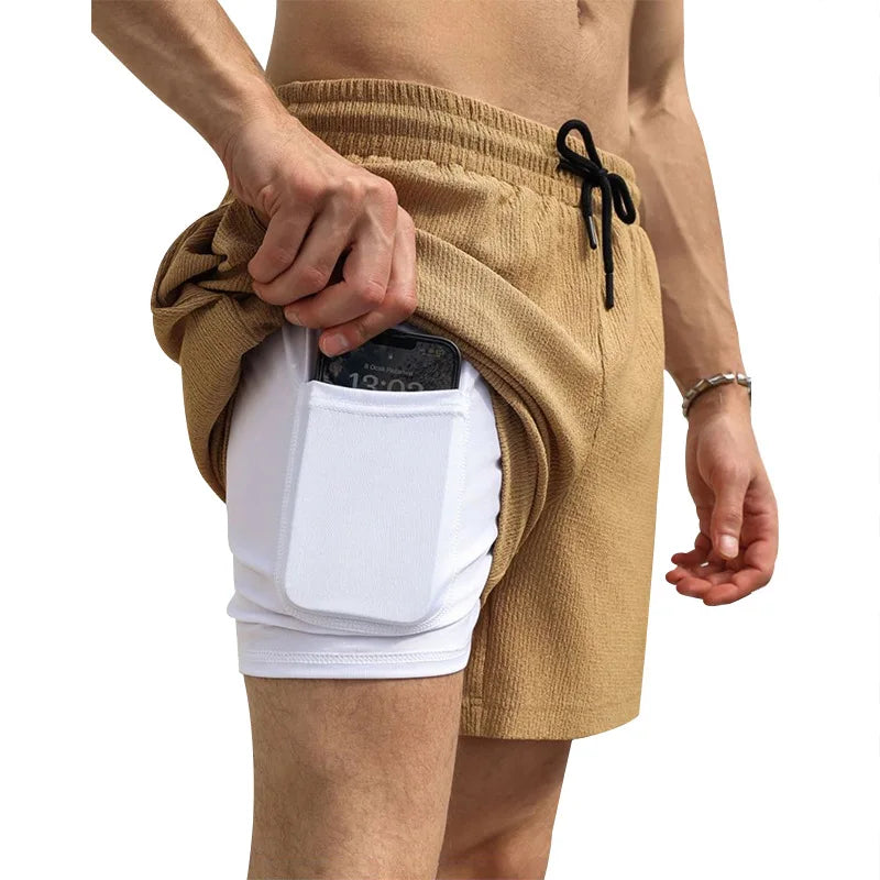 2025 cross-border summer men's casual sports shorts men's running three-point pants quick-drying lined double-layer woven shorts