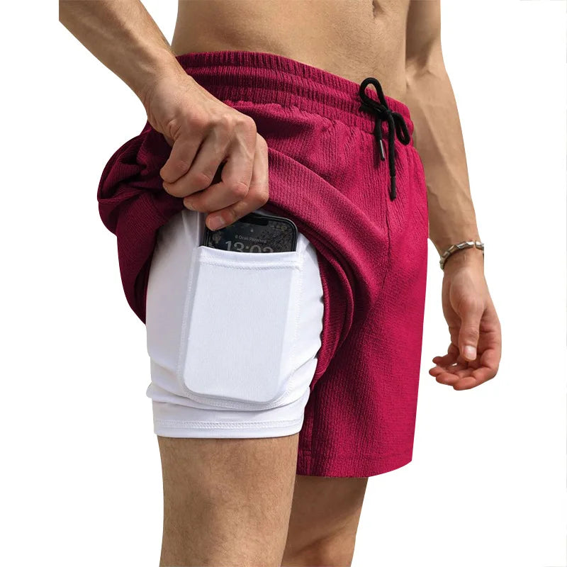 2025 cross-border summer men's casual sports shorts men's running three-point pants quick-drying lined double-layer woven shorts