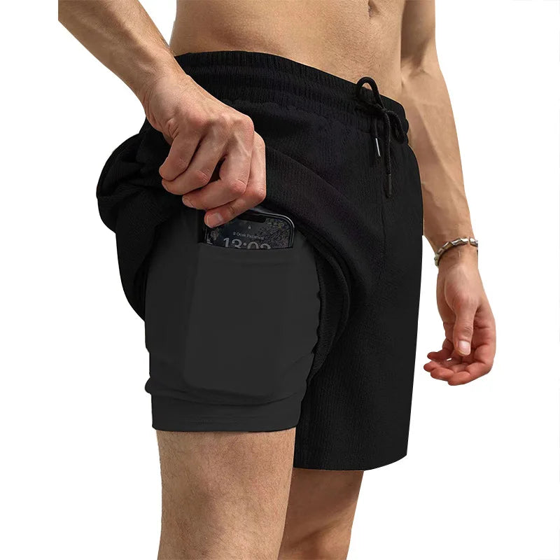 2025 cross-border summer men's casual sports shorts men's running three-point pants quick-drying lined double-layer woven shorts