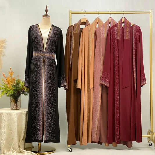 Eid Ramadan Muslim Women Diamonds Maxi Dress Kimono Cardigan Open Abaya Dubai Turkey Kaftan Islam Clothing Kebaya Robe Jalabiya