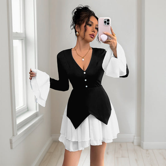 Long Sleeve Contrast Skirt Patchwork Ruffled Dress